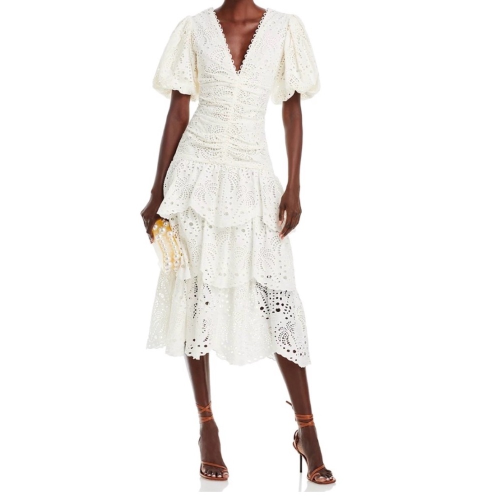 NEW FARM Rio White Eyelet Tiered Puff Sleeve Midi Dress‎ Size XS - Picture 6 of 17
